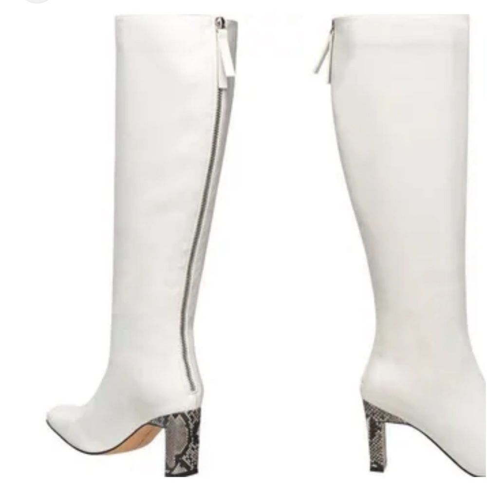Elegant White Knee-High Boots with Snakeskin Heel